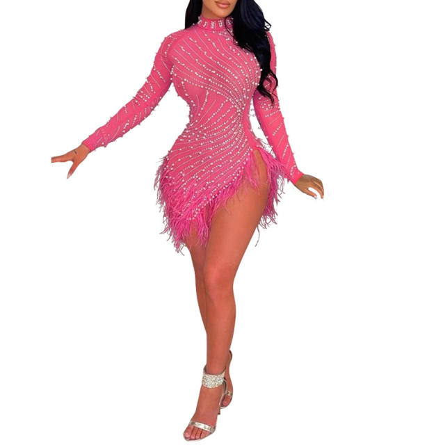 Rosy Rhinestone Beaded Feathers Hem Sheer Mesh Bodycon Dress TQK311310-6