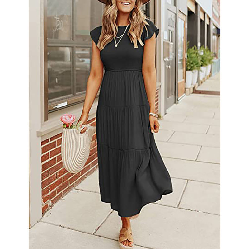Black Ruffled Sleeve Pleated Layered Casual Dress TQV310008-2