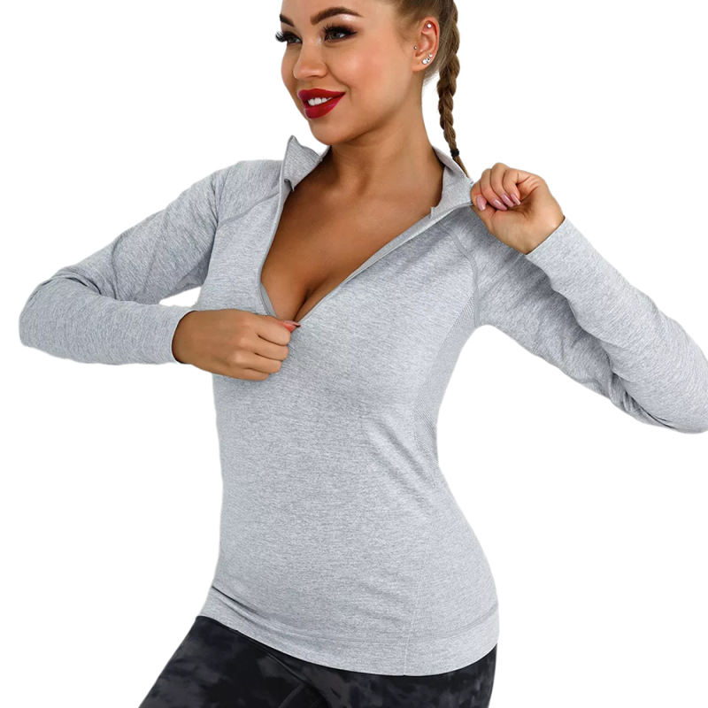 Light Gray Quick Dry Zipper Knit Tight Yoga Tops TQE91363-112