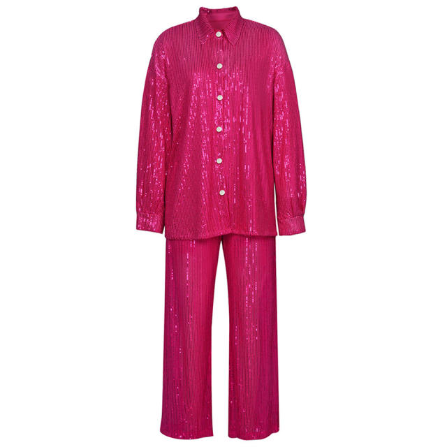 Rosy Sequined Shirt with Pant and Bra 3pcs Set TQF711062-6