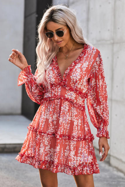Red Ruffle Detailing Open Back Floral Dress LC220829-103