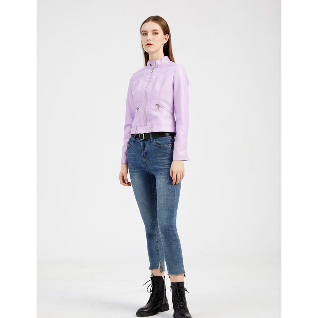 Light Purple PU Stand Collar Short Leather Jacket TQK280124-38