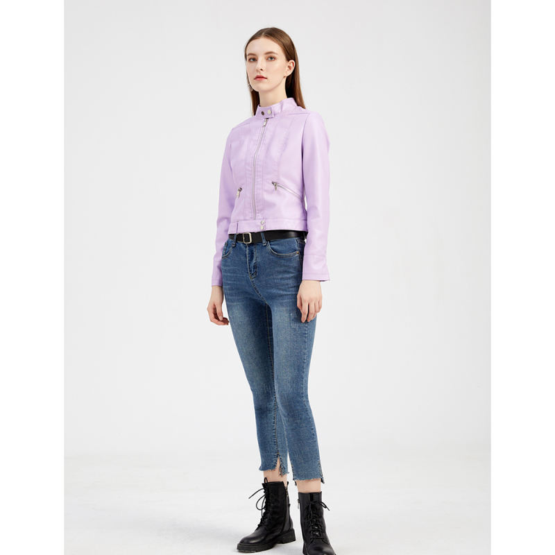 Light Purple PU Stand Collar Short Leather Jacket TQK280124-38