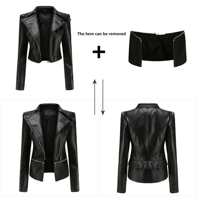 Black Removable Hem Leather PU Leather Jacket TQK280125-2