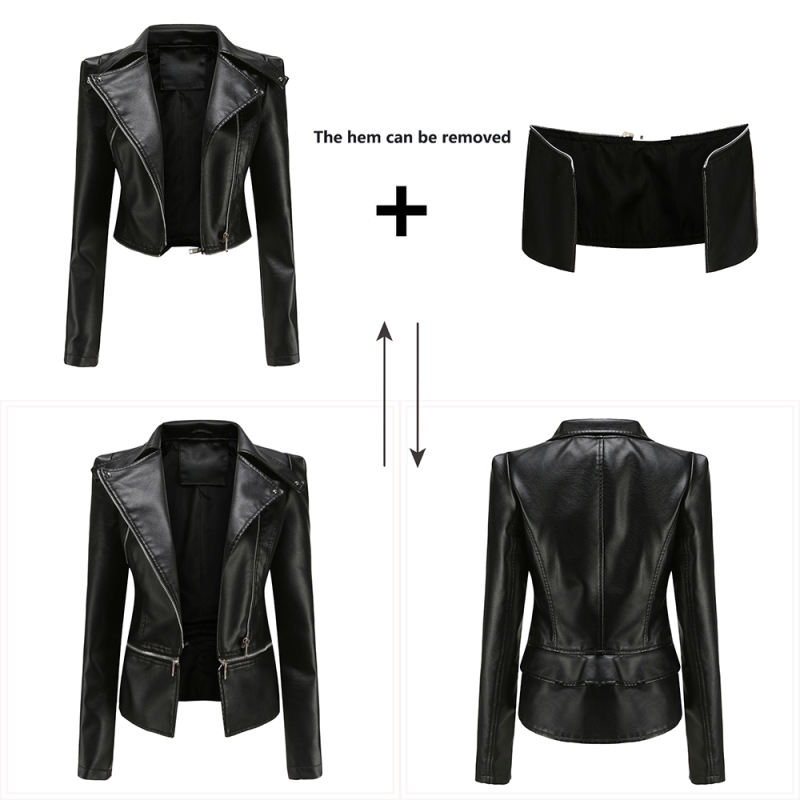 Black Removable Hem Leather PU Leather Jacket TQK280125-2