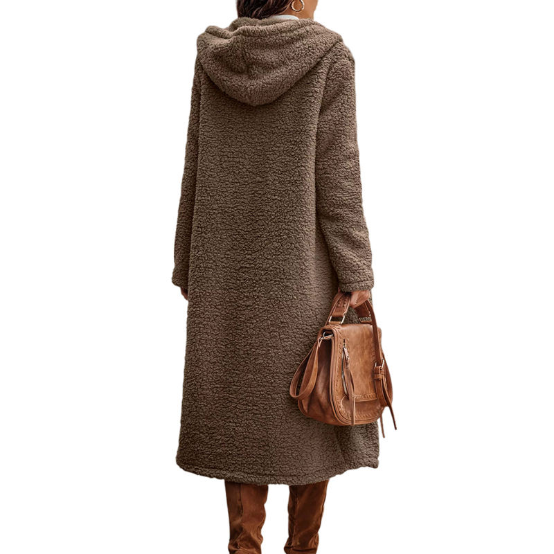 Khaki Open Front Long Sleeve Hooded Fleece Coat TQK280217-21