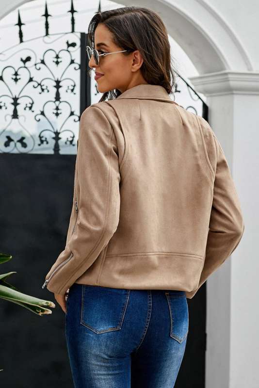 Khaki Zipped Notch Collar Short Jacket LC85294-16