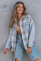 Sky Blue Plaid Patchwork Fringed Flap Pockets Denim Jacket LC854131-4