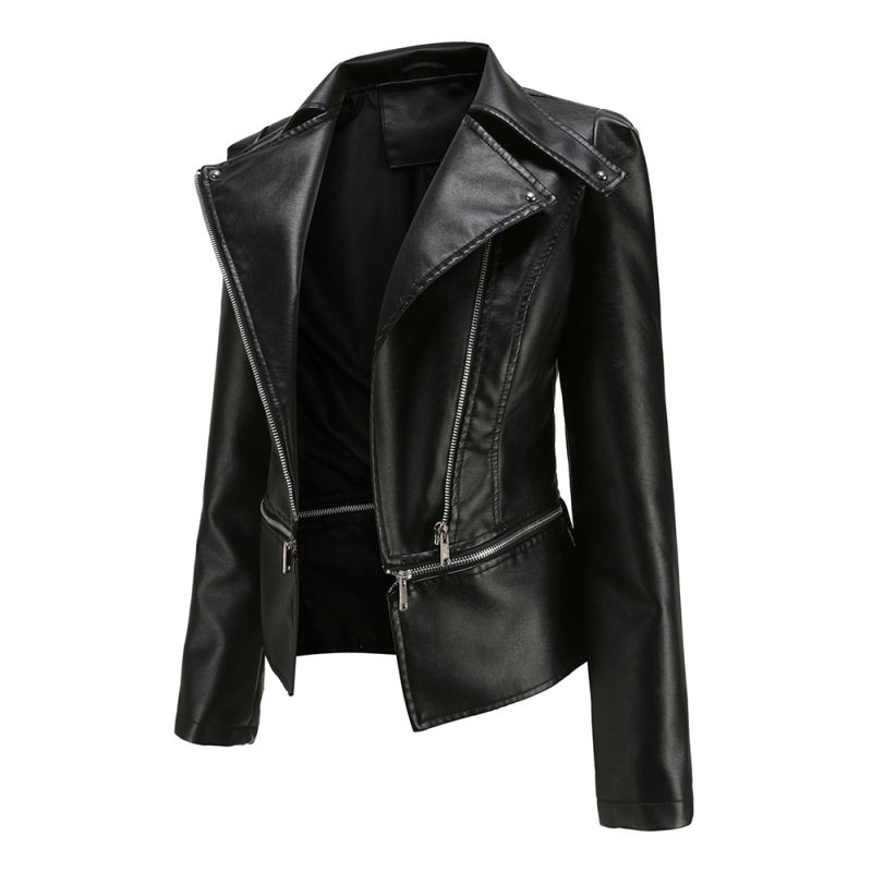 Black Removable Hem Leather PU Leather Jacket TQK280125-2