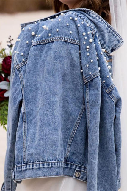 Sky Blue Pearl Turn Down Collar Denim Jacket LC788144-4