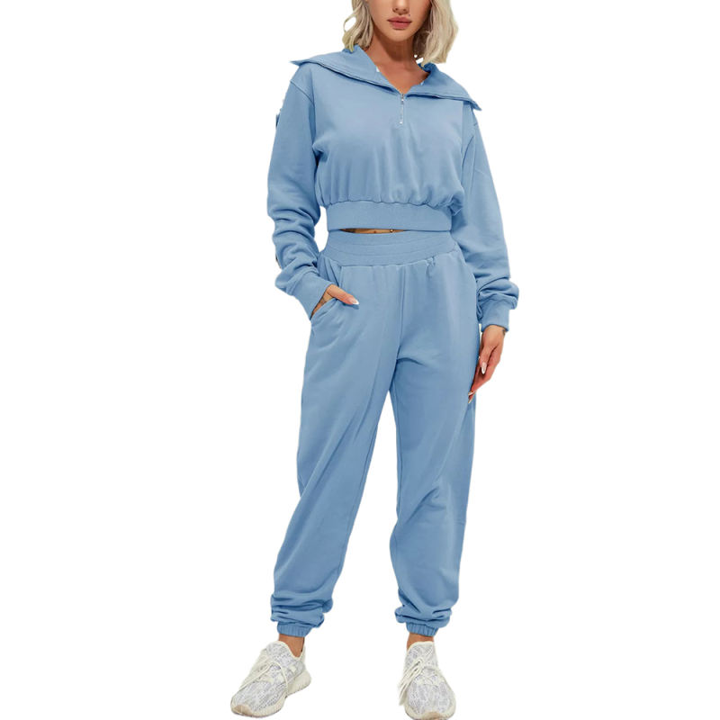 Blue Zipper-up Cotton Sweatshirt with Pant Sports Set TQE91573-5