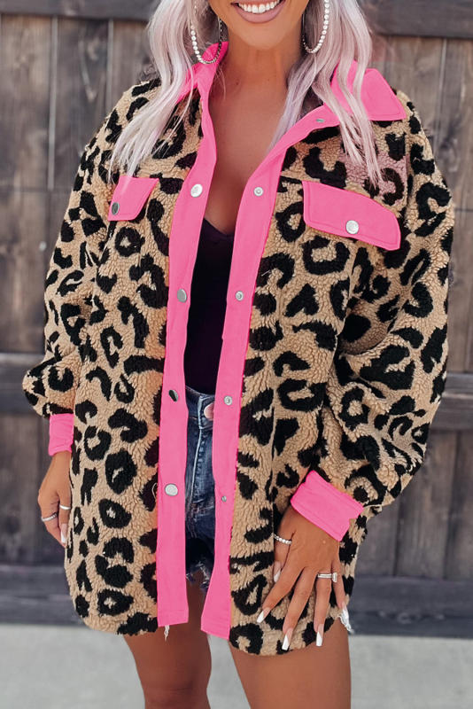 Contrast Trimmed Leopard Teddy Shacket LC854211-20