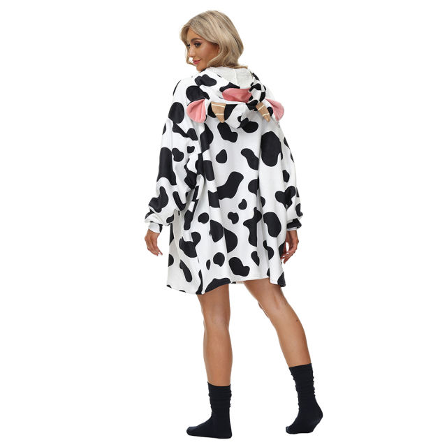 Black White Cow Cartoon Print Blanket Hoodie TQK230364-37