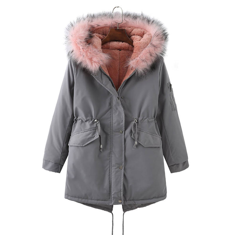 Gray Fur Collar Drawstring Waist Warm Hooded Parka Coat TQK280130-11