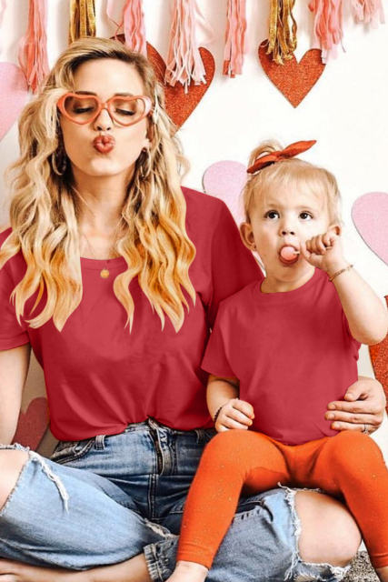 Red Solid Color Short Sleeve Crewneck Kid\'s Tee