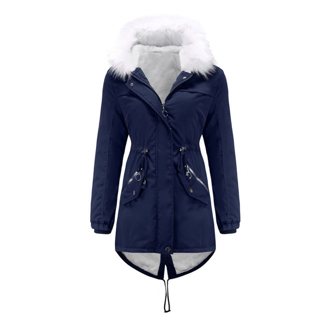Navy Blue Fur Collar Warm Hooded Parka Coat TQK280129-34