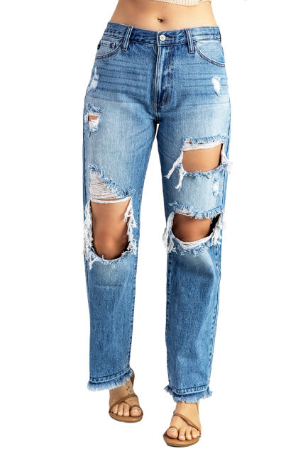 Sky Blue Distressed Holes Hollow-out Boyfriend Jeans LC783885-4