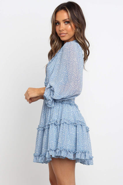 Sky Blue Ruffle Detailing Open Back Floral Dress LC220829-4