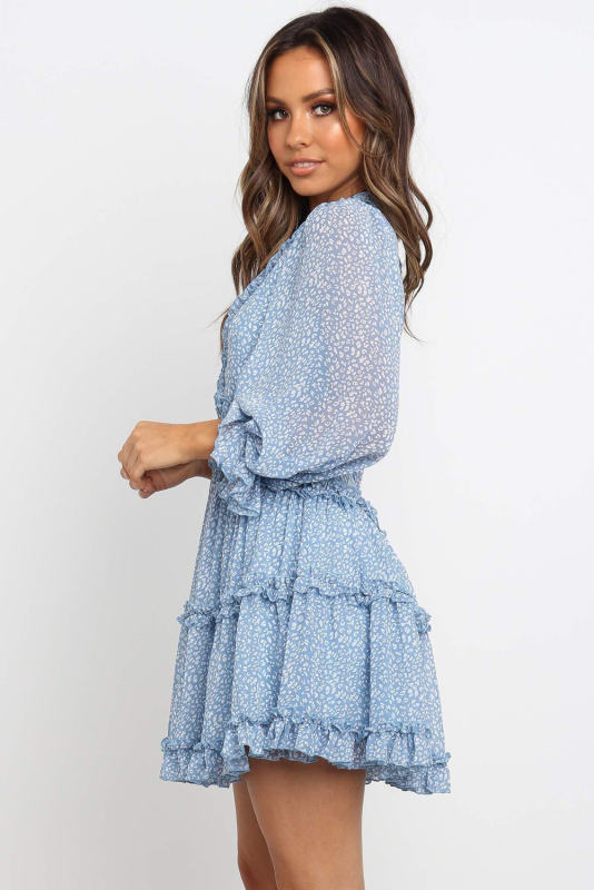 Sky Blue Ruffle Detailing Open Back Floral Dress LC220829-4