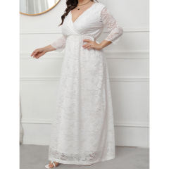 White V-Neck Lace Plus Size Dress TQK310997-1