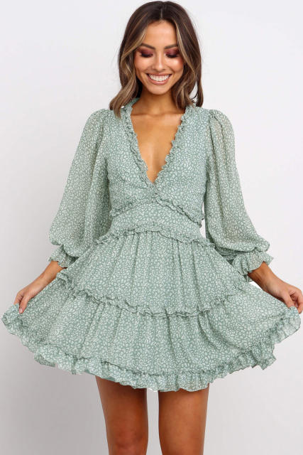 Green Ruffle Detailing Open Back Floral Dress LC220829-9