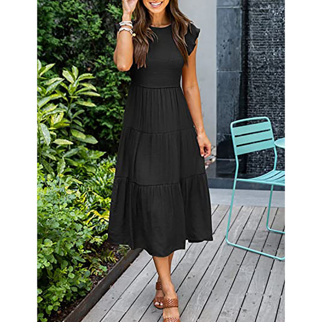 Black Ruffled Sleeve Pleated Layered Casual Dress TQV310008-2
