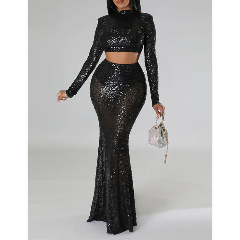 Black Sequined Crop Top with Fishtail Skirt Set TQV810034-2