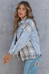 Sky Blue Plaid Patchwork Fringed Flap Pockets Denim Jacket LC854131-4