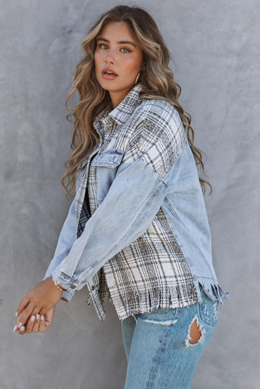 Sky Blue Plaid Patchwork Fringed Flap Pockets Denim Jacket LC854131-4