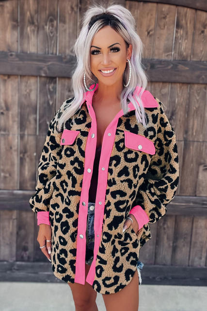 Contrast Trimmed Leopard Teddy Shacket LC854211-20