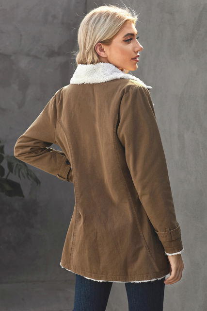 Khaki Lapel Collar Button Fleece Jacket LC8511336-16