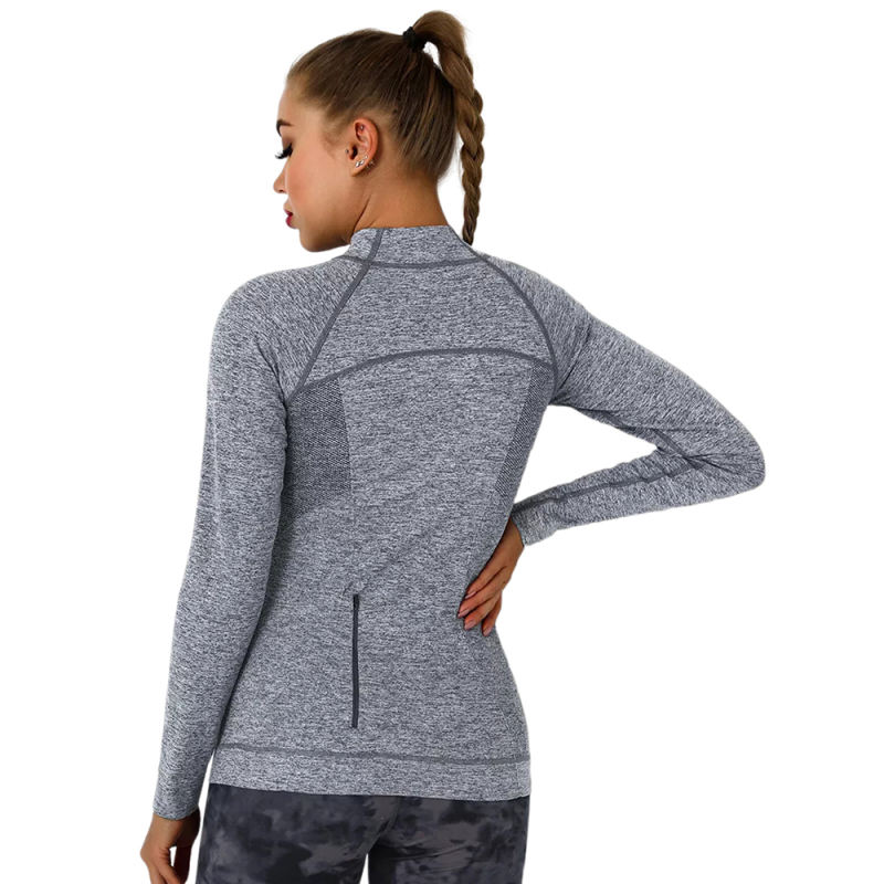 Dark Gray Quick Dry Zipper Knit Tight Yoga Tops TQE91363-23