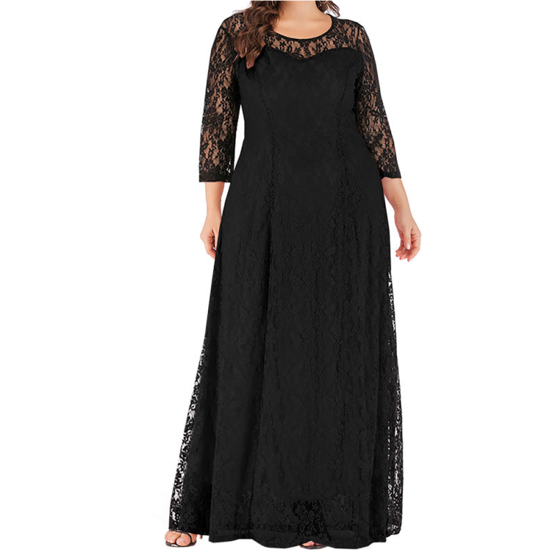 Black 3/4 Sleeve Crew Neck Lace Plus Size Dress TQK310977-2