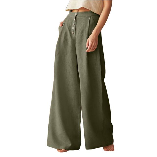 Army Green Cotton Linen Button High Waist Wide Leg Pants TQV510049-27
