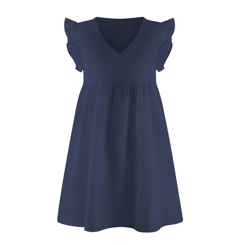 Navy Blue  V-Neck Ruffle sleeve Pocketed T-shirt Dress TQK311014-34