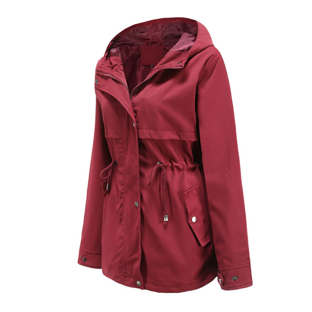 Wine Red Waist Drawstring Hooded Outdoor Rainproof Coat TQK280126-23