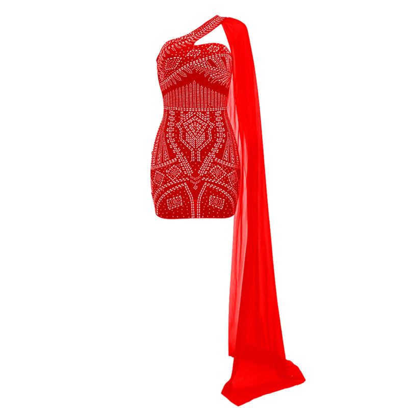 Red Rhinestones One-shoulder Cap Sleeve Club Dress  TQK311296-3