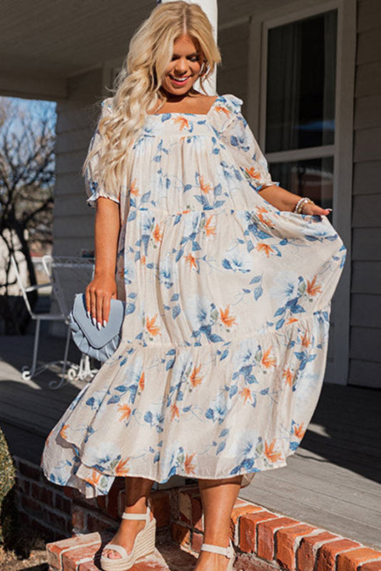 White Floral Print Puff Sleeve Square Neck Plus Size Dress PL61084-1