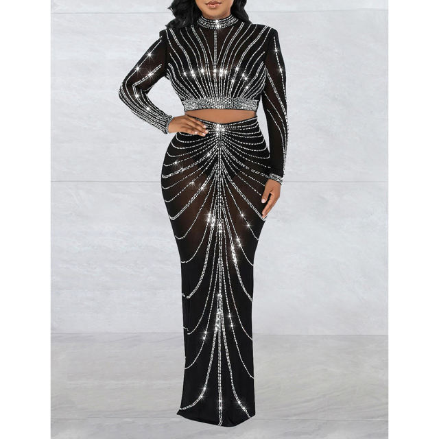 Black Rhinestones Long Sleeve Crop with Maxi Skirt Set TQV810029-2
