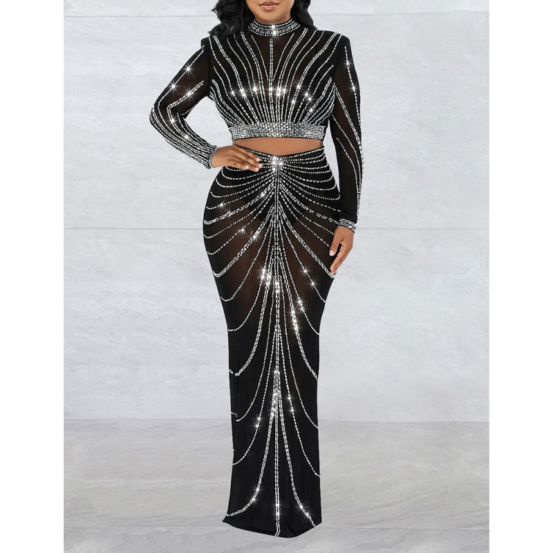 Black Rhinestones Long Sleeve Crop with Maxi Skirt Set TQV810029-2