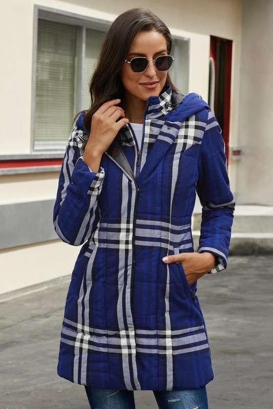 Blue Vintage Plaid Cotton Quilted Trench Coat LC85189-5