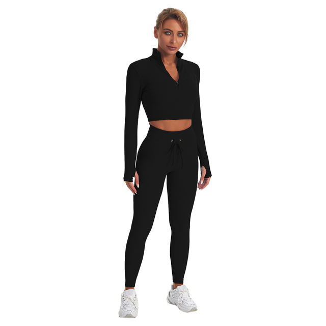 Black Seamless Stand Collar Jacket with Pant Yoga Set TQK710415-2