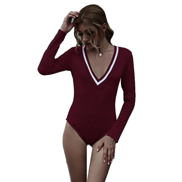 Wine Red Cotton Blend V Neck Bodysuit TQK550198-103