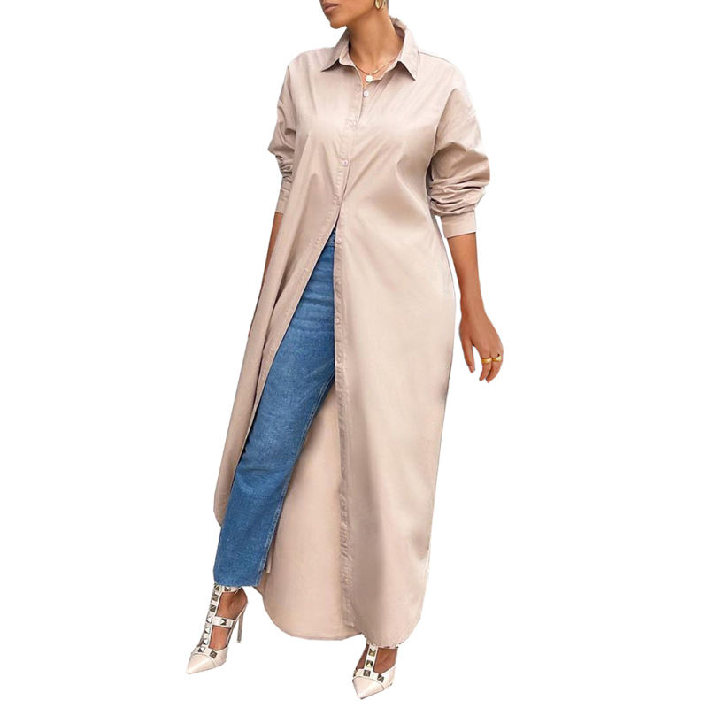 Khaki Long Sleeve Buttoned Maxi Shirt Dress TQK311304-21