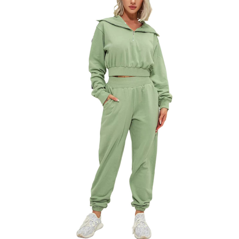 Green Zipper-up Cotton Sweatshirt with Pant Sports Set TQE91573-9