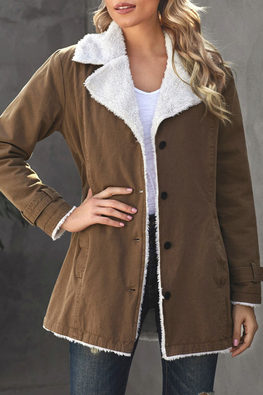 Khaki Lapel Collar Button Fleece Jacket LC8511336-16