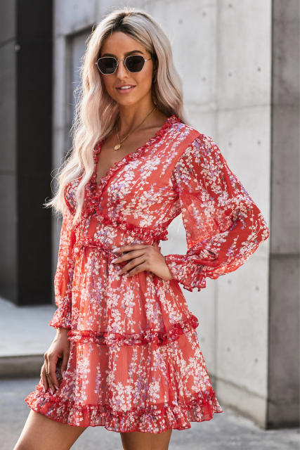 Red Ruffle Detailing Open Back Floral Dress LC220829-103