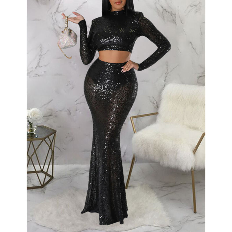 Black Sequined Crop Top with Fishtail Skirt Set TQV810034-2