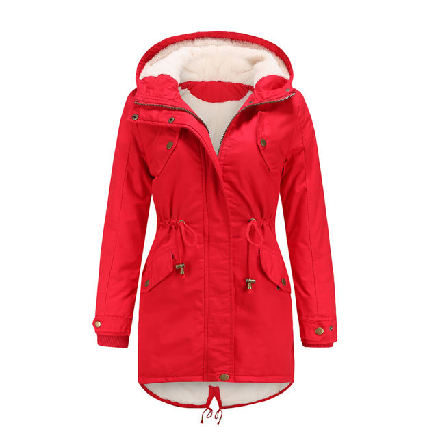 Red Waist Drawstring Plush Hooded Thick Parka Coat TQK280127-3