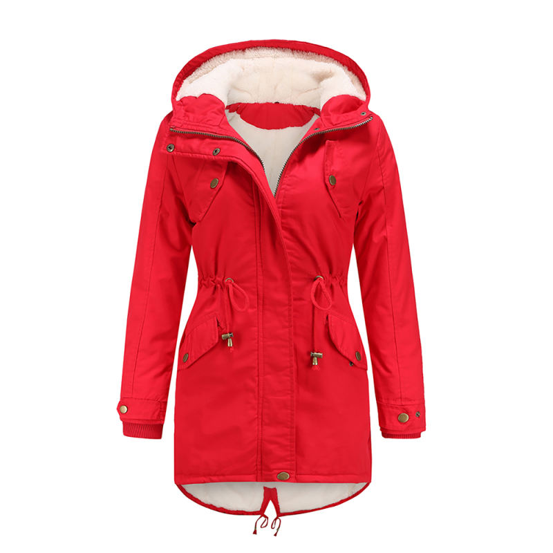 Red Waist Drawstring Plush Hooded Thick Parka Coat TQK280127-3